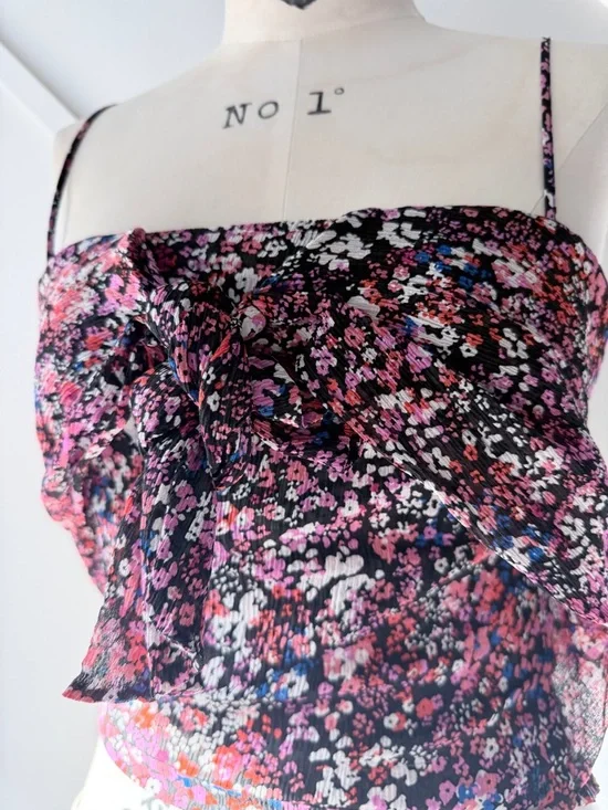 Maje Floral Silk Crop Top Black Pink (3/S) | Sleeveless Parisian Chic Summer - Picture 6 of 13